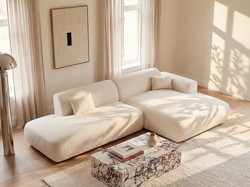 Kanapa narożna prawostronna otwarta z białej bukli - POGNI marki Maison Céphy