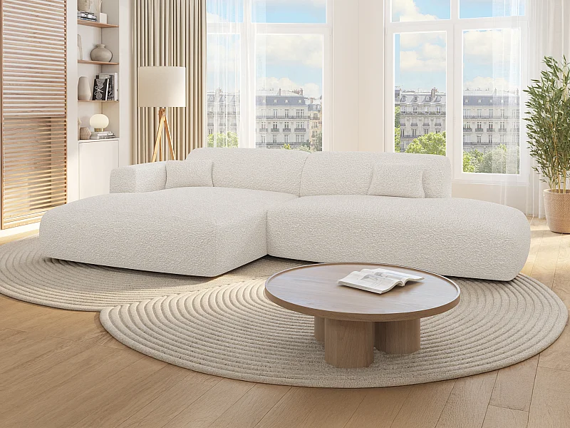 Canapé d'angle gauche ouvert en tissu bouclette blanc POGNI de Maison Céphy