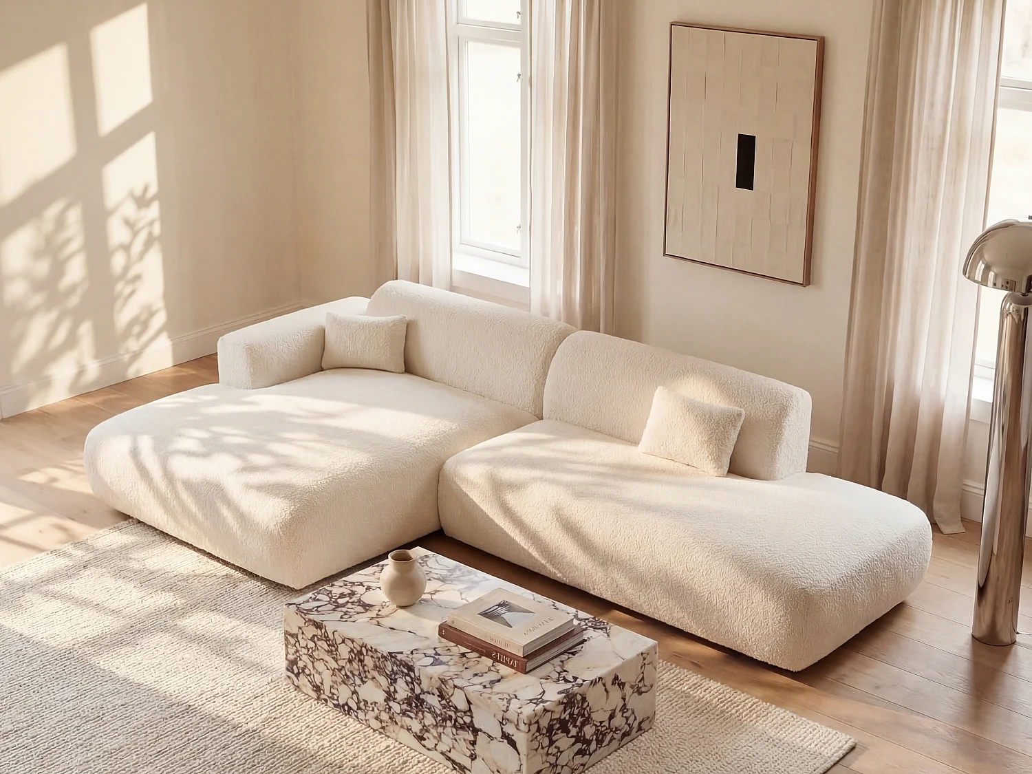 Ecksofa - Ecke links - offenes Ende - Bouclé-Stoff - Weiß - POGNI von Maison Céphy