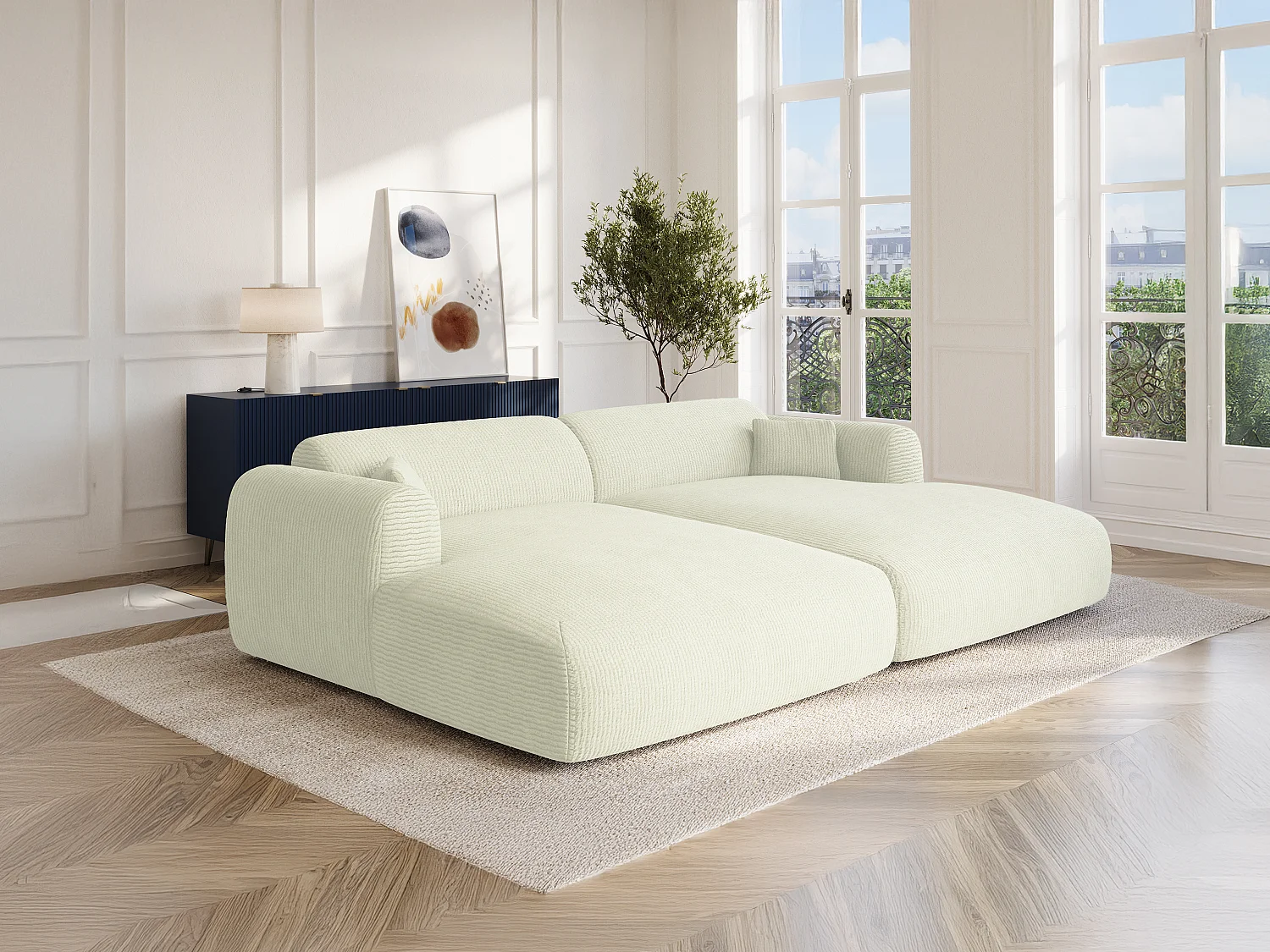 Canapé 3 places confort assise profonde en velours côtelé fines côtes blanc cassé POGNI de Maion Céphy