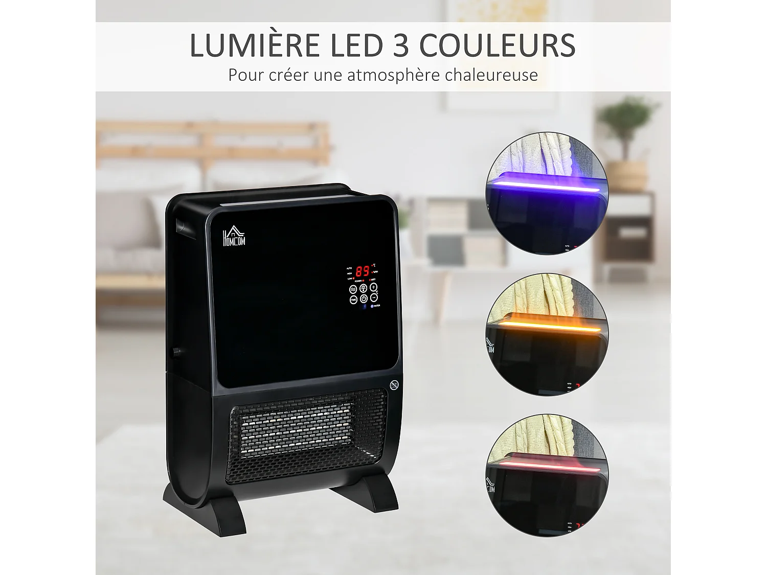 HOMCOM Chauffage humidificateur 2 en 1 avec éclairage LED 3 couleurs - chauffage soufflant 2000 W céramique PTC - 3 modes, timer - télécommande incluse - ABS noir