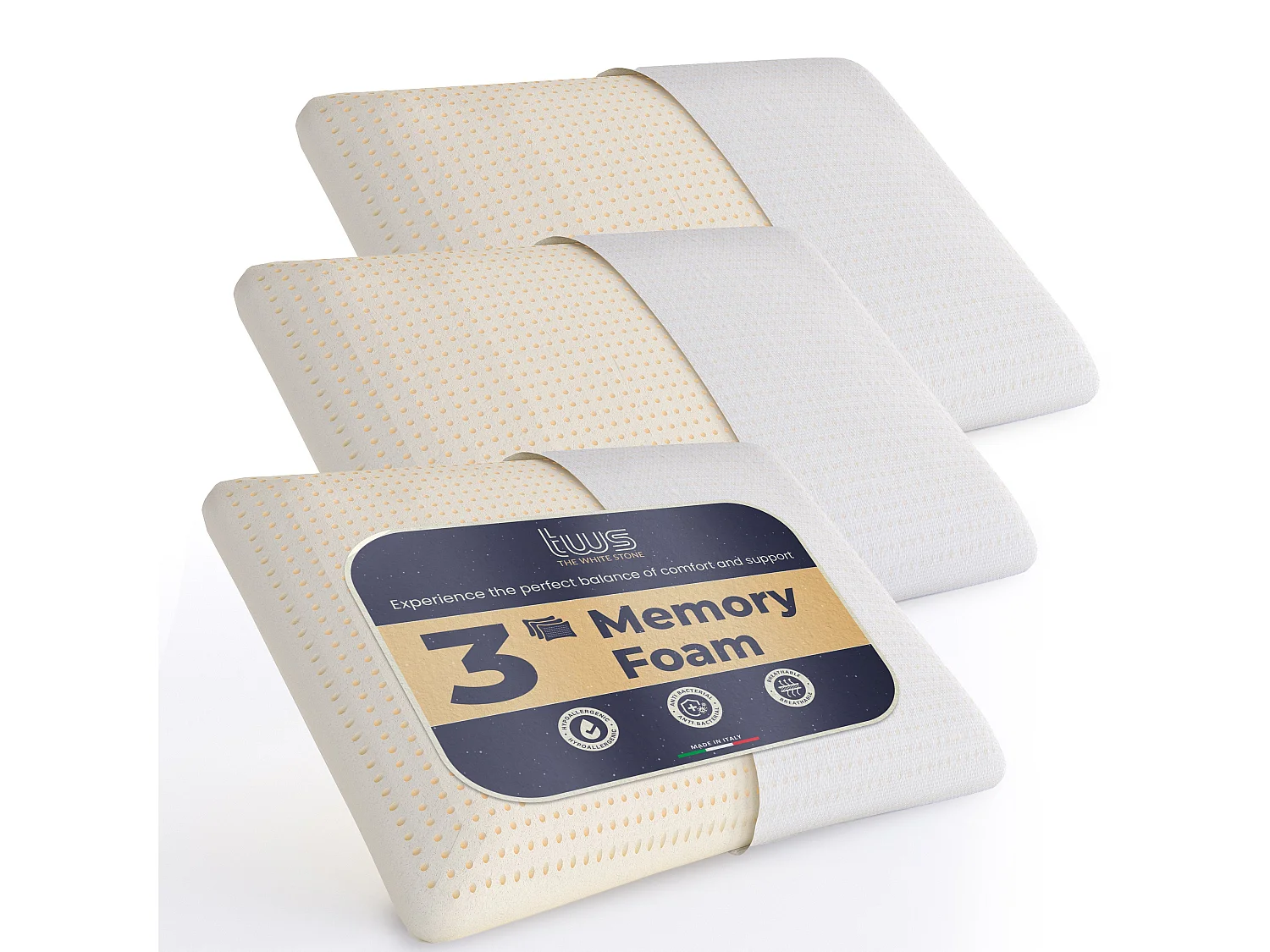 The White Stone 3er-Set Memory Foam Kissen, 40 x 70 cm, Höhe 11 cm, hypoallergen, ergonomisches und atmungsaktives Nackenkissen, Anti-Choking und Kühlfunktion