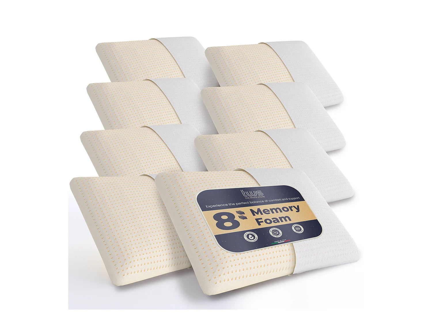 The White Stone Set van 8 Traagschuim Kussens 40 x 70 cm | Hoogte 11 cm | Hypoallergene, Ergonomische en Ademende Nek Kussens | Anti-Wurg en Verkoelende Functie