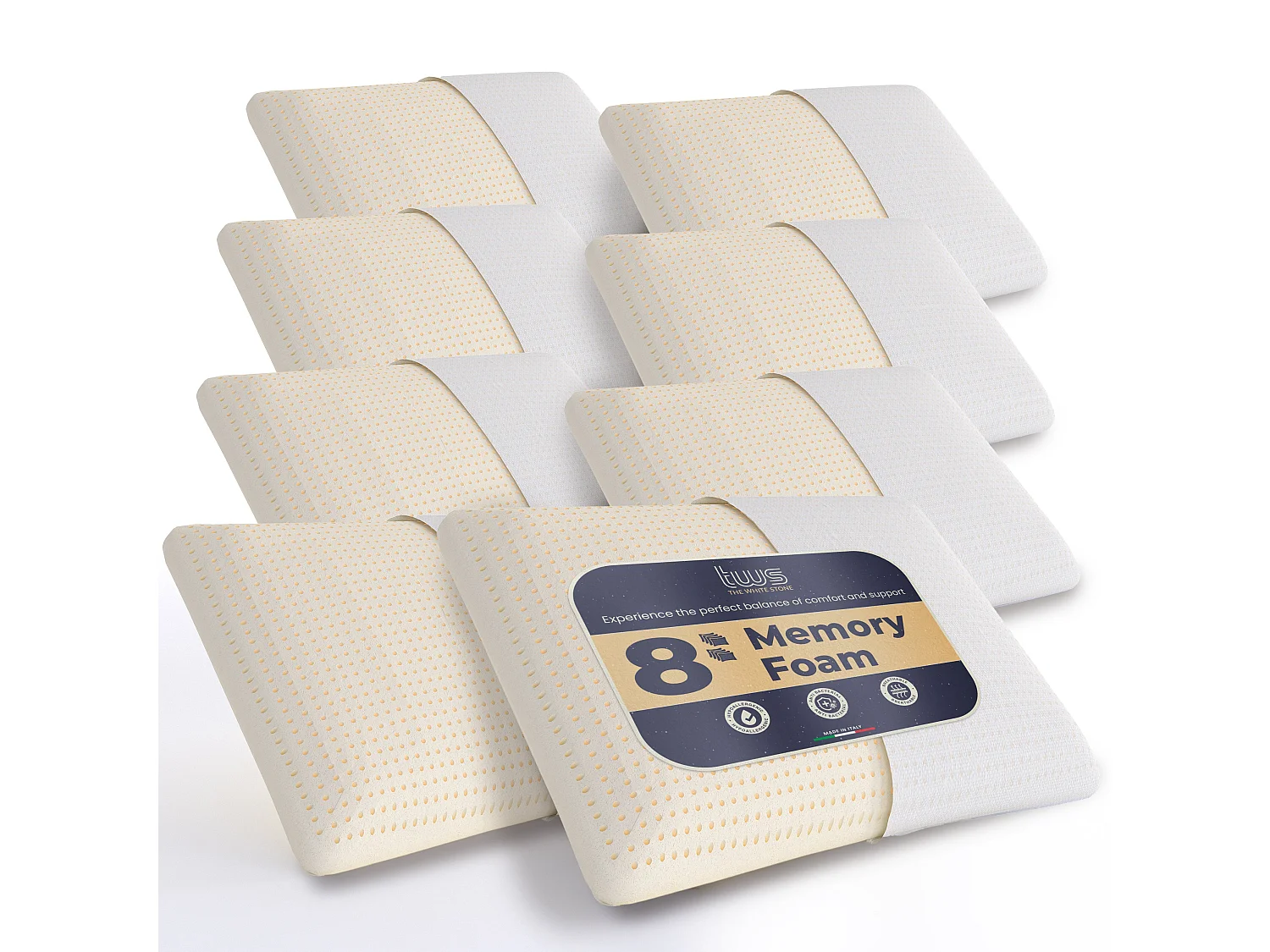 The White Stone Set van 8 Traagschuim Kussens 40 x 70 cm | Hoogte 11 cm | Hypoallergene, Ergonomische en Ademende Nek Kussens | Anti-Wurg en Verkoelende Functie