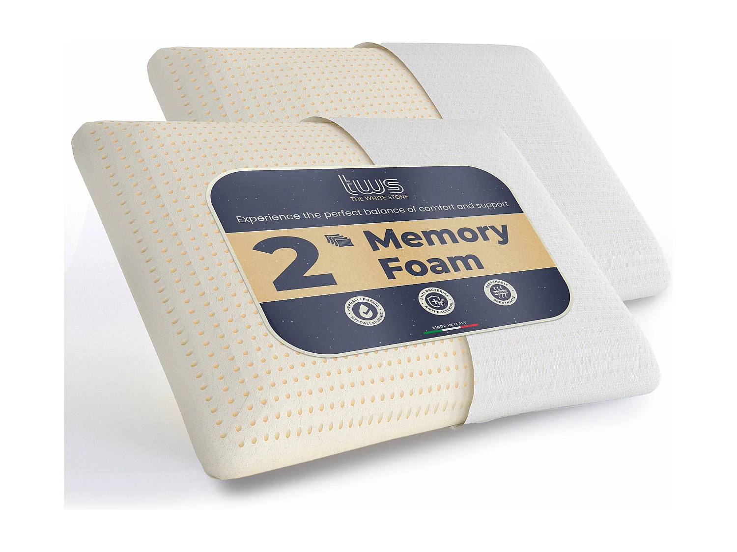 The White Stone 2er-Set Memory Foam Kissen, 40 x 70 cm, Höhe 11 cm, hypoallergen, ergonomisches und atmungsaktives Nackenkissen, Anti-Choking und Kühlfunktion