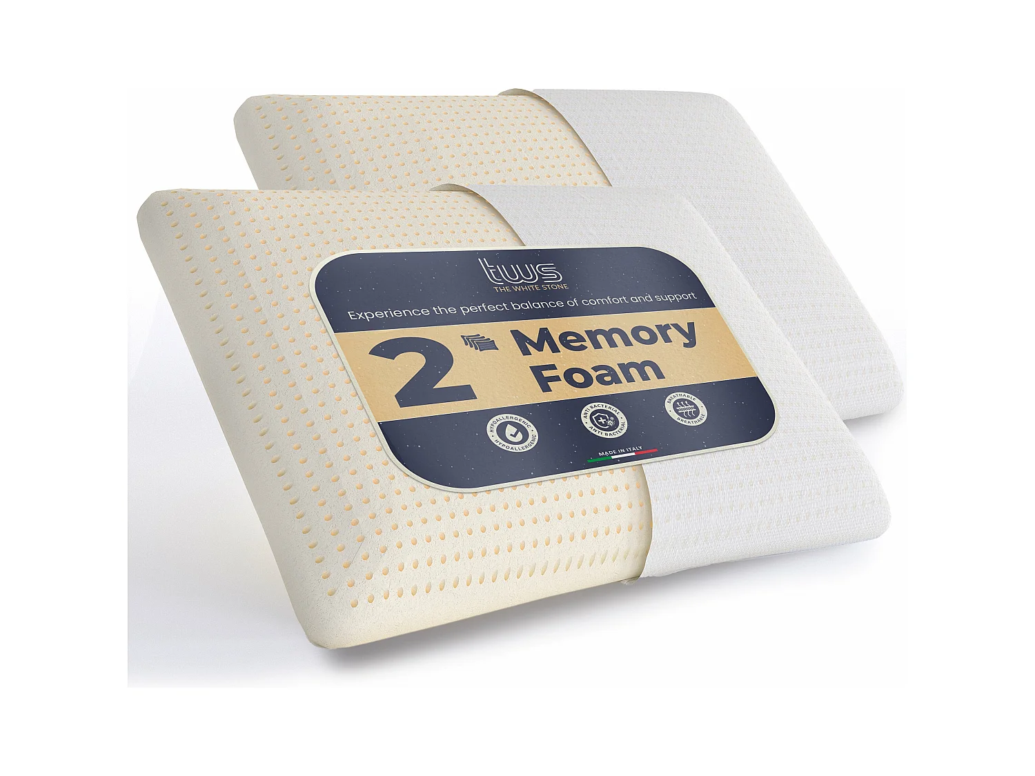 The White Stone Set van 2 Traagschuim Kussens 40 x 70 cm | Hoogte 11 cm | Hypoallergene, Ergonomische en Ademende Nek Kussens | Anti-Wurg en Verkoelende Functie