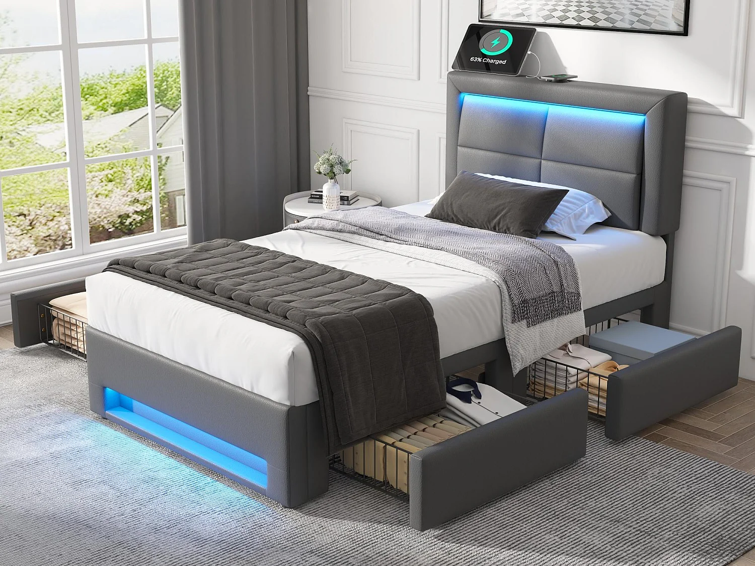 Lit avec tiroirs 90x190 cm en similicuir - avec LED et ports de recharge (filaire & sans fil) - Gris