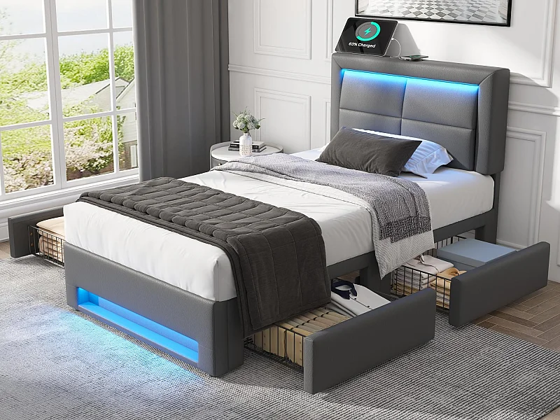 Cama com gavetas 90x190 cm em pele sintética - com LED e portas de carregamento (com e sem fio) - Cinza