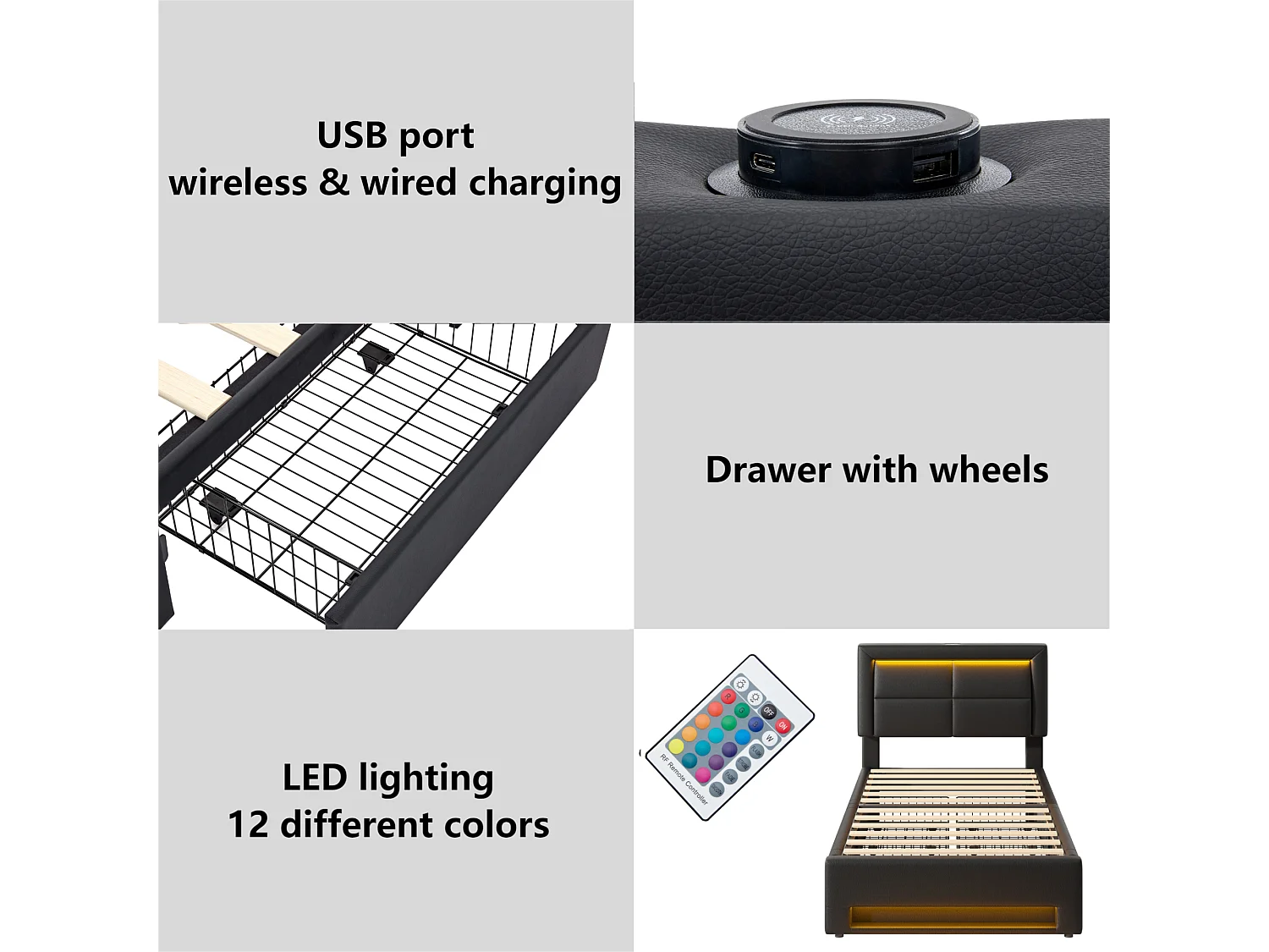 Lit avec tiroirs 90x200 cm en similicuir - avec LED et ports de recharge (filaire & sans fil) - Noir