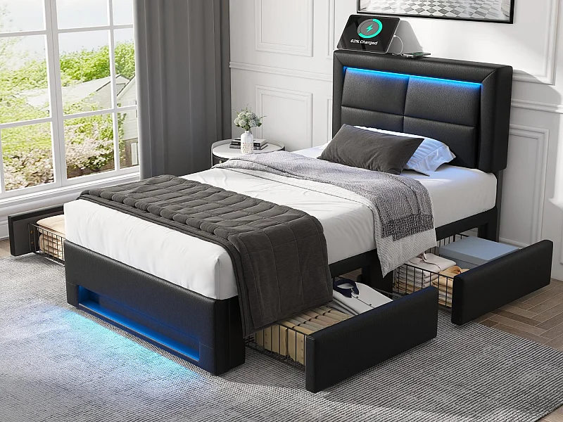 Cama com gavetas 90x190 cm em pele sintética - com LED e portas de carregamento (com e sem fio) - Preto