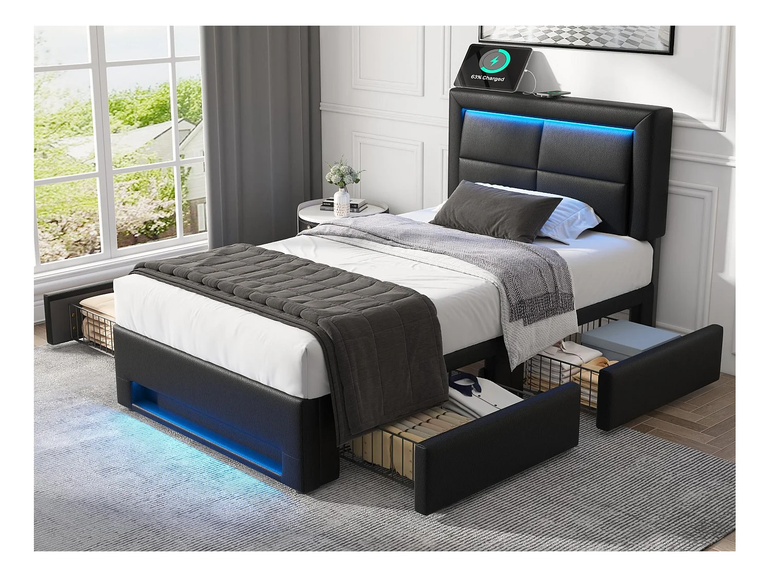 Lit avec tiroirs 90x190 cm en similicuir - avec LED et ports de recharge (filaire & sans fil) - Noir