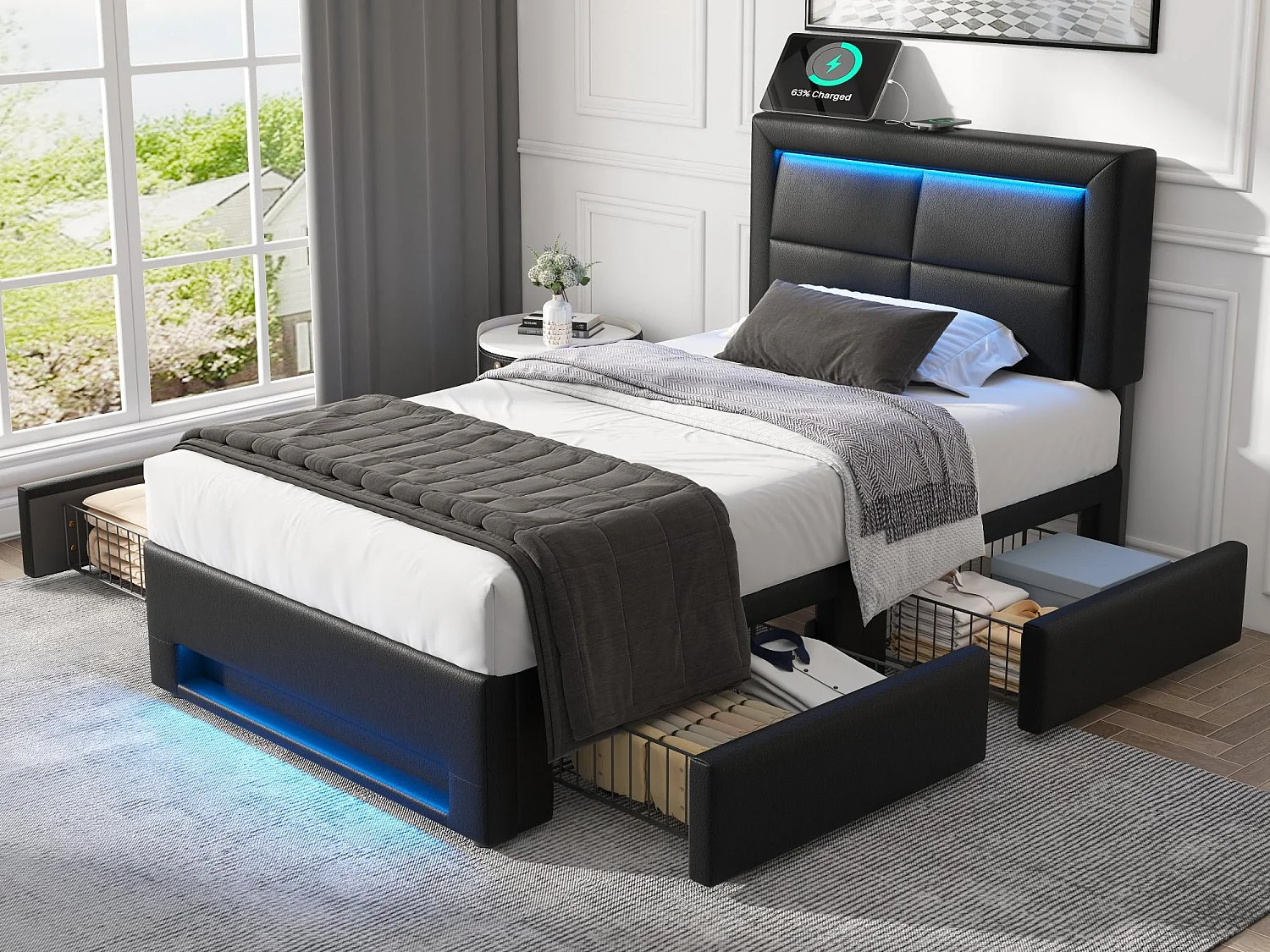 Bett mit Schubladen 90x190 cm aus Kunstleder – mit LED und Ladeanschlüssen (kabelgebunden und kabellos) – Schwarz