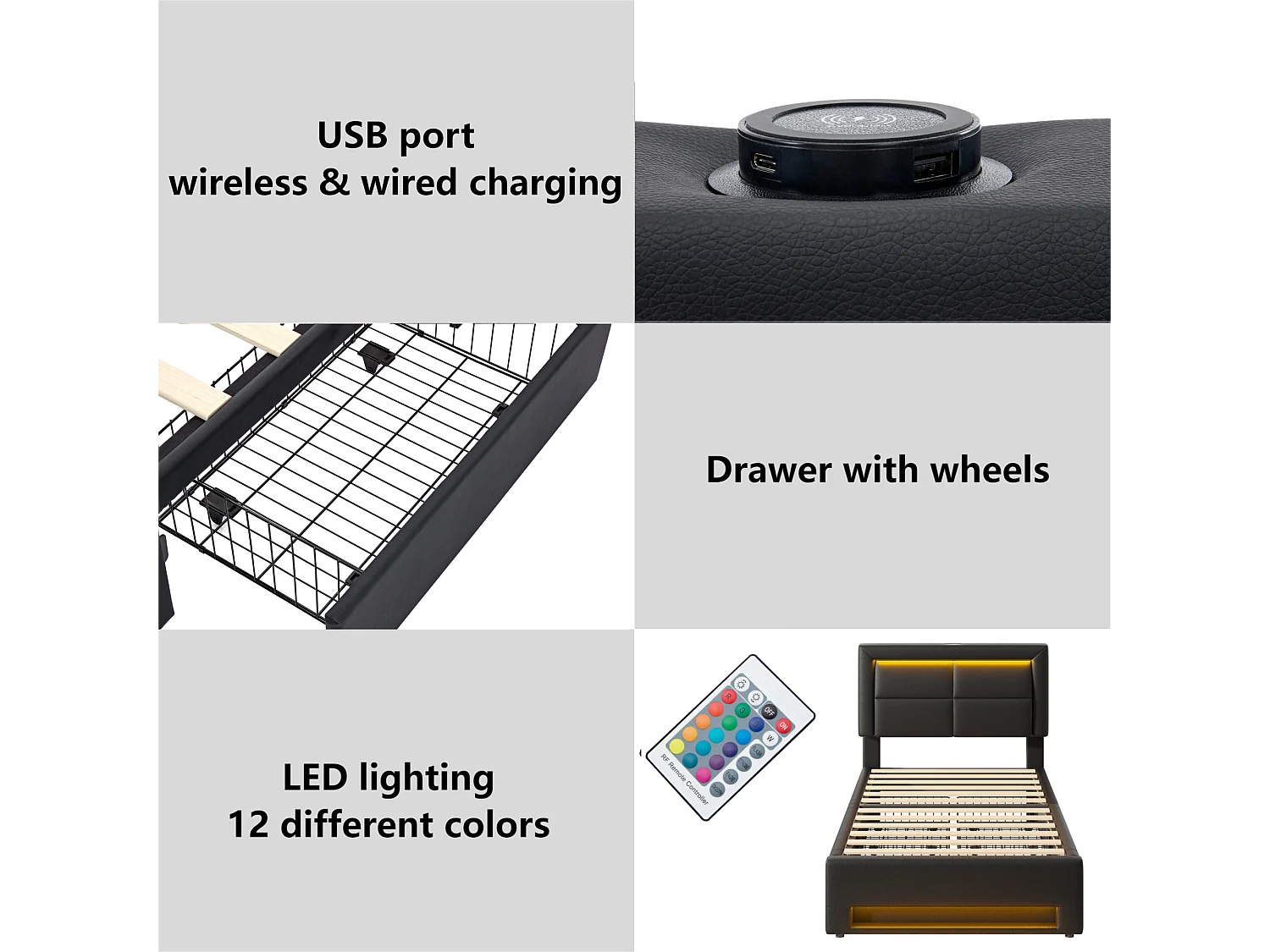 Bed met lades 90x190 cm in kunstleer - met LED en oplaadpoorten (bedraad & draadloos) - Zwart