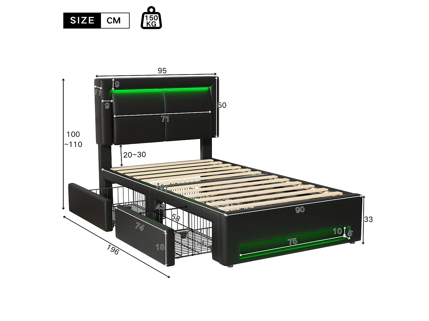 Bed met lades 90x190 cm in kunstleer - met LED en oplaadpoorten (bedraad & draadloos) - Zwart