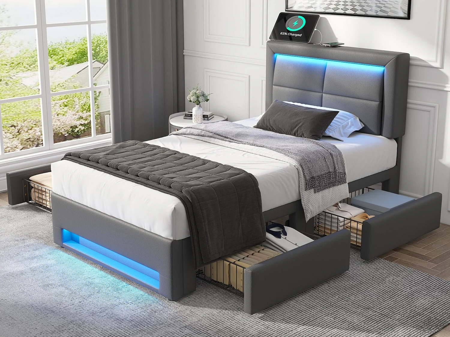 Lit avec tiroirs 90x200 cm en similicuir - avec LED et ports de recharge (filaire & sans fil) - Gris