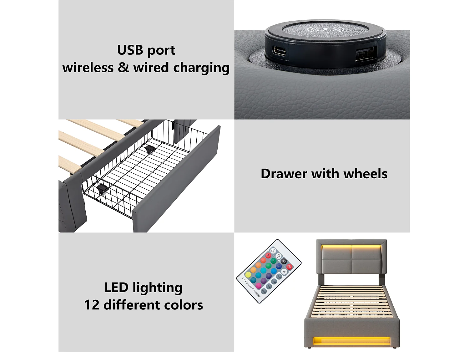 Lit avec tiroirs 90x200 cm en similicuir - avec LED et ports de recharge (filaire & sans fil) - Gris