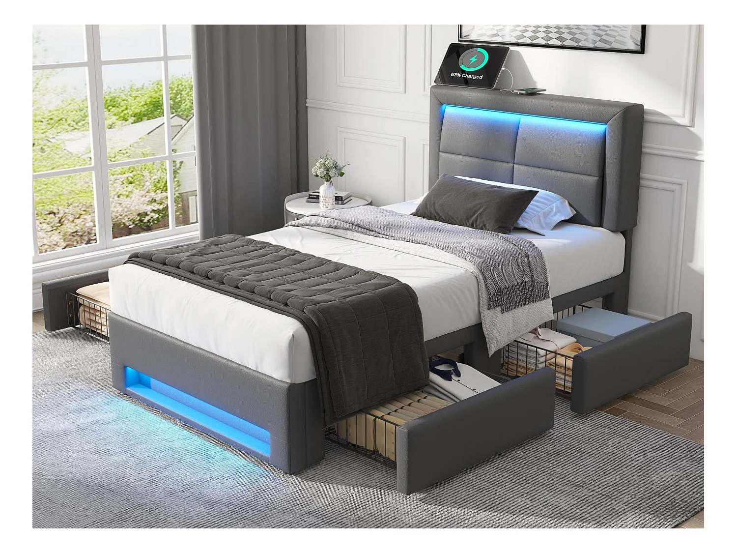 Lit avec tiroirs 90x200 cm en similicuir - avec LED et ports de recharge (filaire & sans fil) - Gris