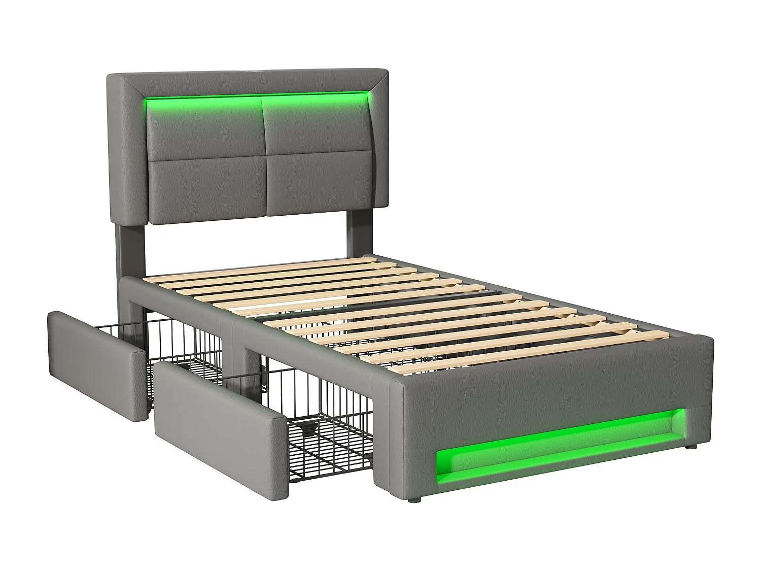 Letto con cassetti 90x200 cm in ecopelle - con LED e prese di ricarica (cablata e wireless) - Grigio