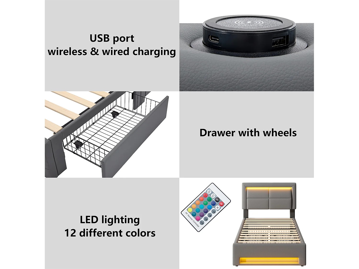 Bed met lades 90x200 cm in kunstleer - met LED en oplaadpoorten (bedraad & draadloos) - Grijs