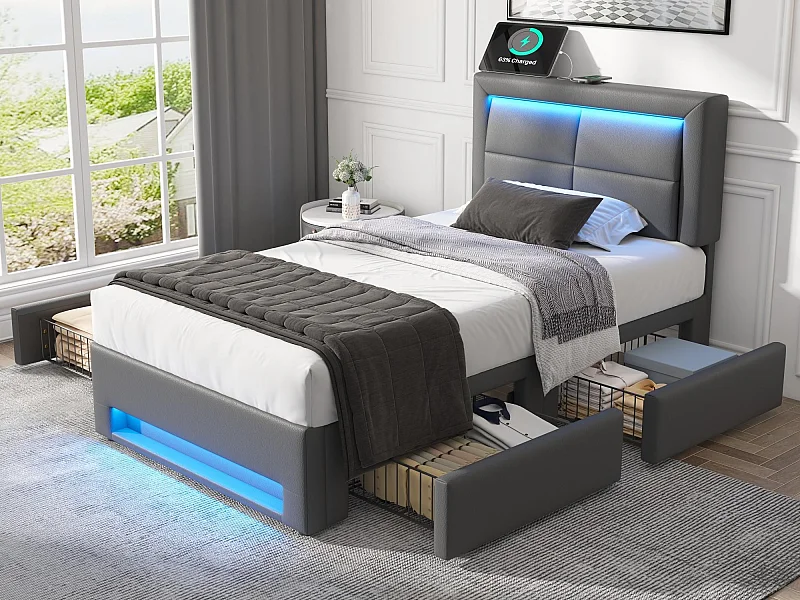 Cama com gavetas 90x200 cm em pele sintética - com LED e portas de carregamento (com e sem fio) - Cinza