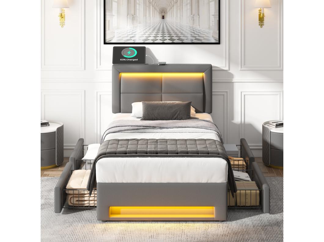 Cama con cajones 90x200 cm en piel sintética - con LED y puertos de carga (con cable e inalámbrico) - Gris