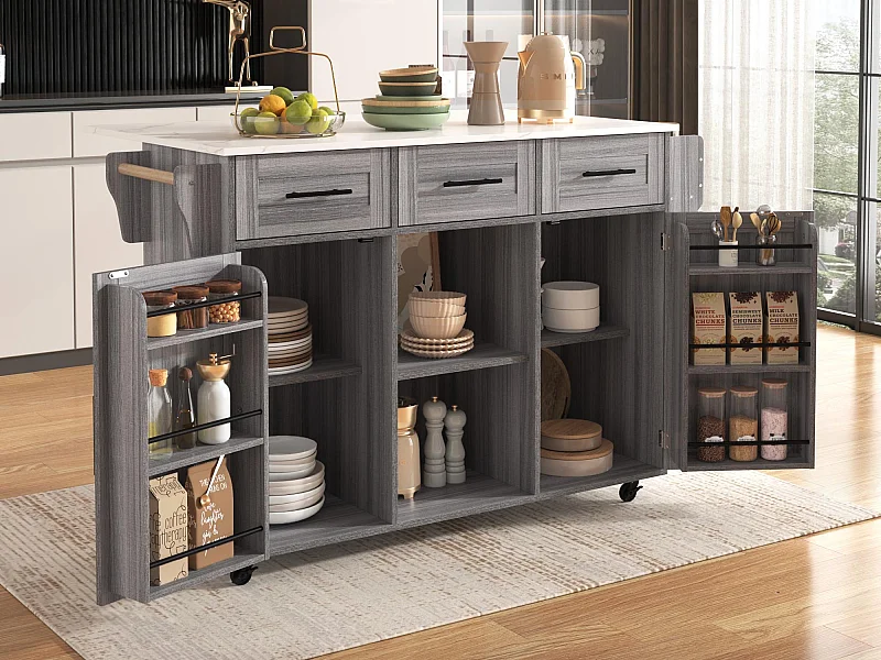 Ilot central de cuisine avec 3 tiroirs et portes de rangement - Plateau extensible - pieds en roulettes ou en bois - Gris