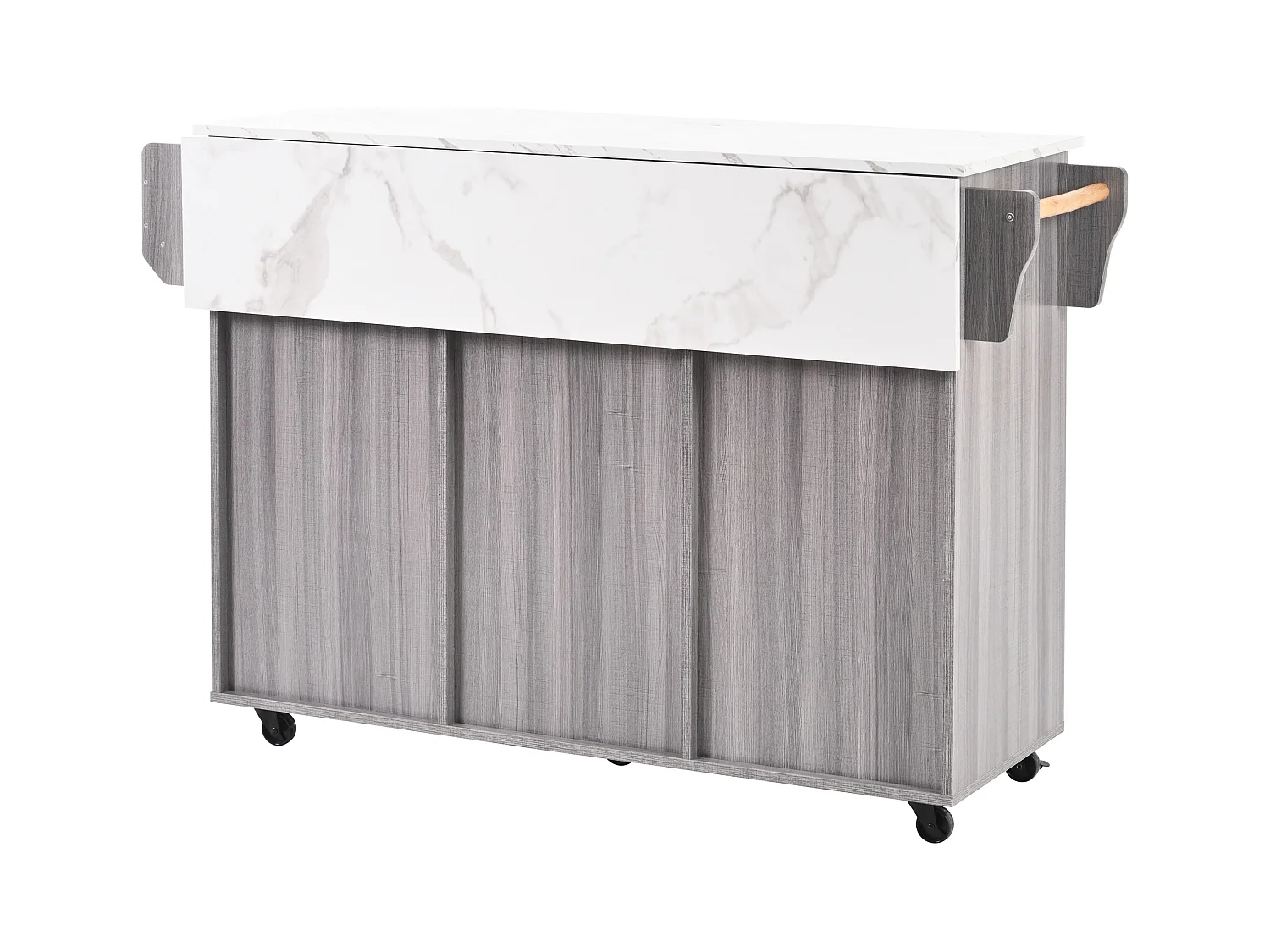 Ilot central de cuisine avec 3 tiroirs et portes de rangement - Plateau extensible - pieds en roulettes ou en bois - Gris