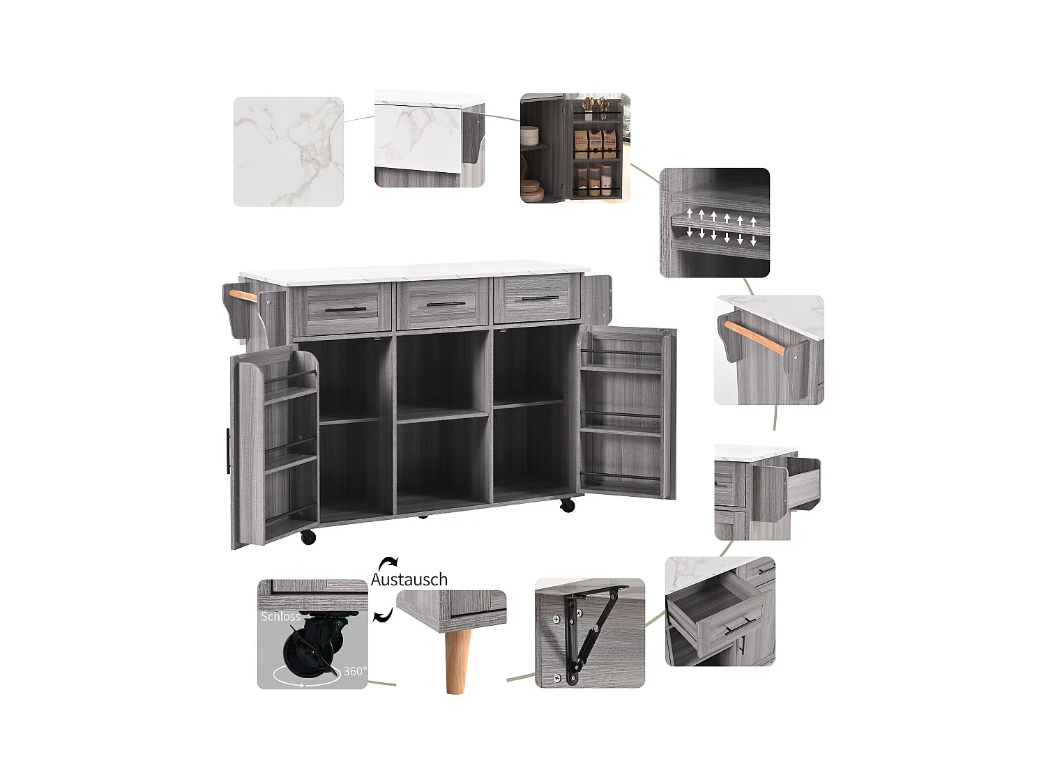 Ilot central de cuisine avec 3 tiroirs et portes de rangement - Plateau extensible - pieds en roulettes ou en bois - Gris