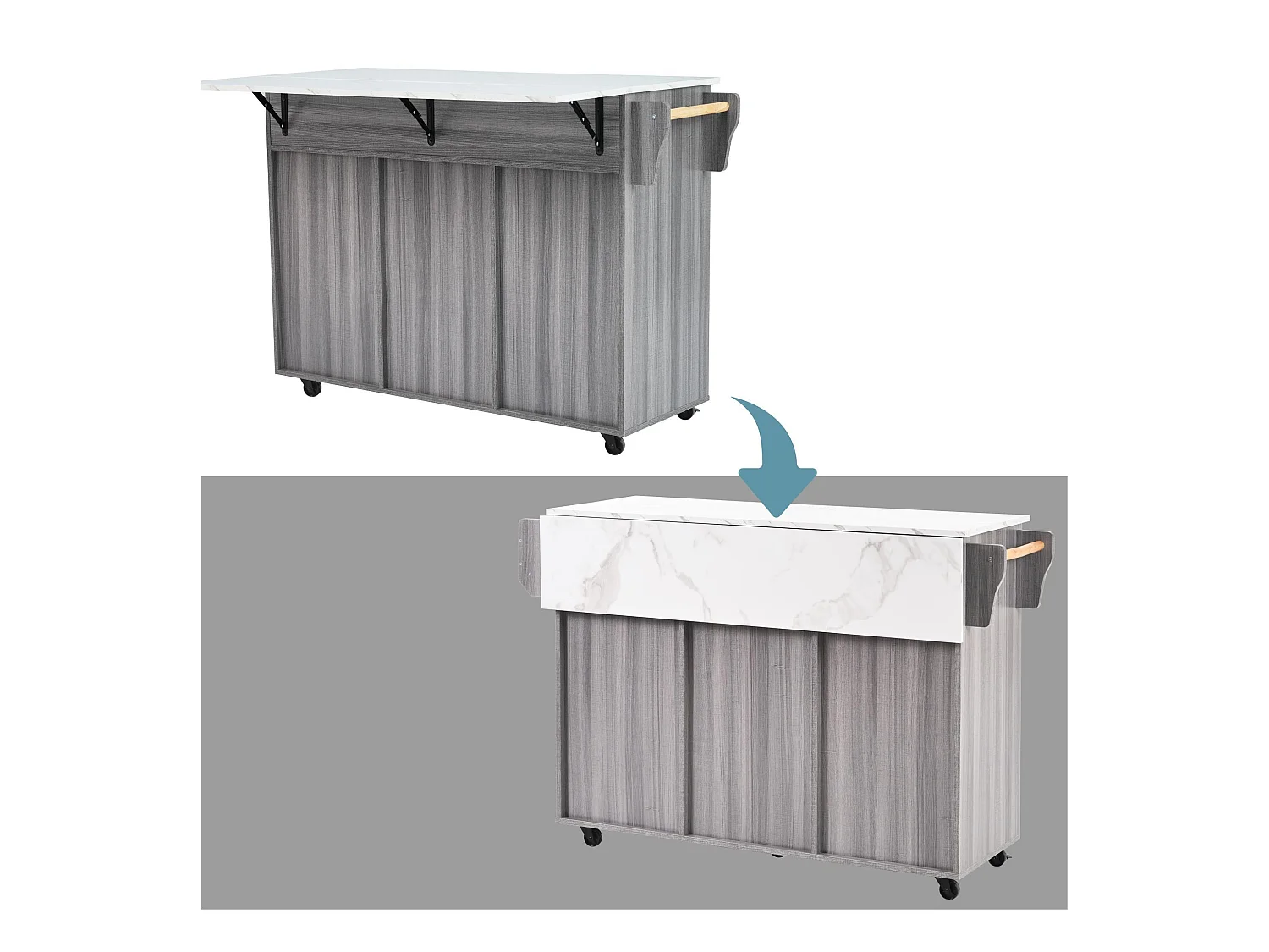 Ilot central de cuisine avec 3 tiroirs et portes de rangement - Plateau extensible - pieds en roulettes ou en bois - Gris