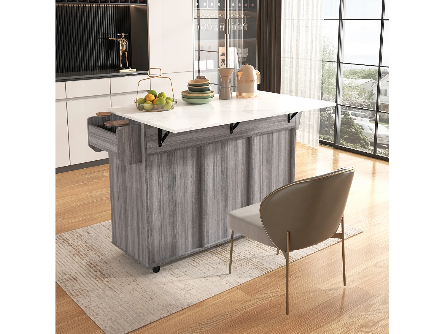 Ilot central de cuisine avec 3 tiroirs et portes de rangement - Plateau extensible - pieds en roulettes ou en bois - Gris