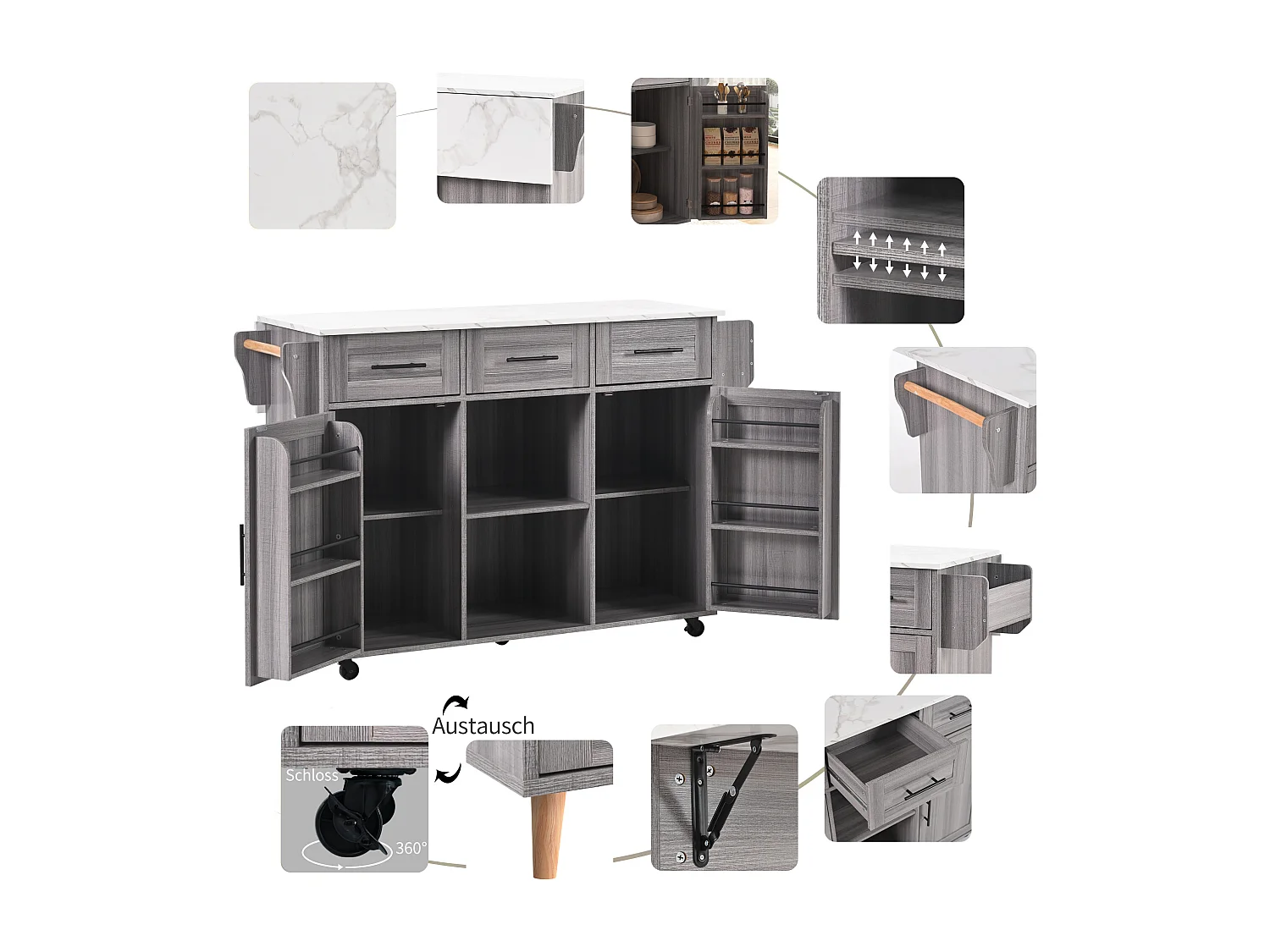 Ilot central de cuisine avec 3 tiroirs et portes de rangement - Plateau extensible - pieds en roulettes ou en bois - Gris