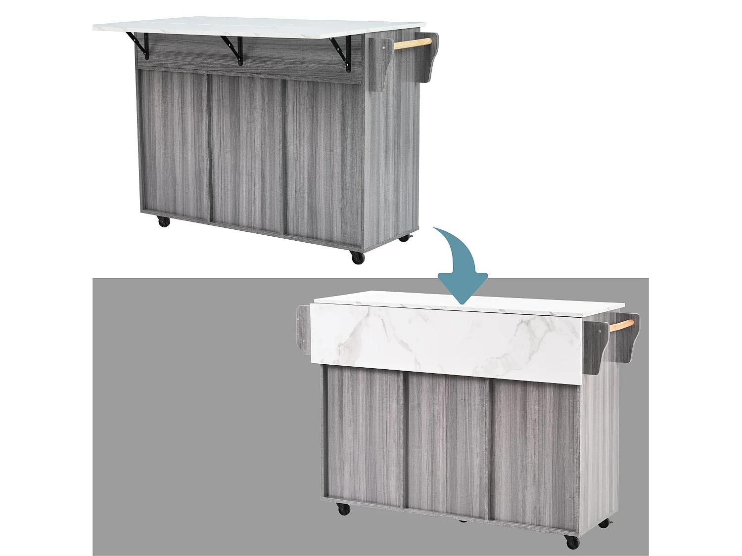 Ilot central de cuisine avec 3 tiroirs et portes de rangement - Plateau extensible - pieds en roulettes ou en bois - Gris