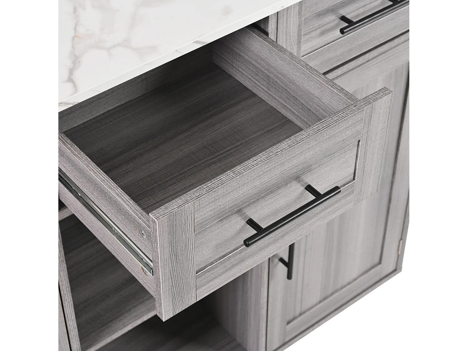 Ilot central de cuisine avec 3 tiroirs et portes de rangement - Plateau extensible - pieds en roulettes ou en bois - Gris