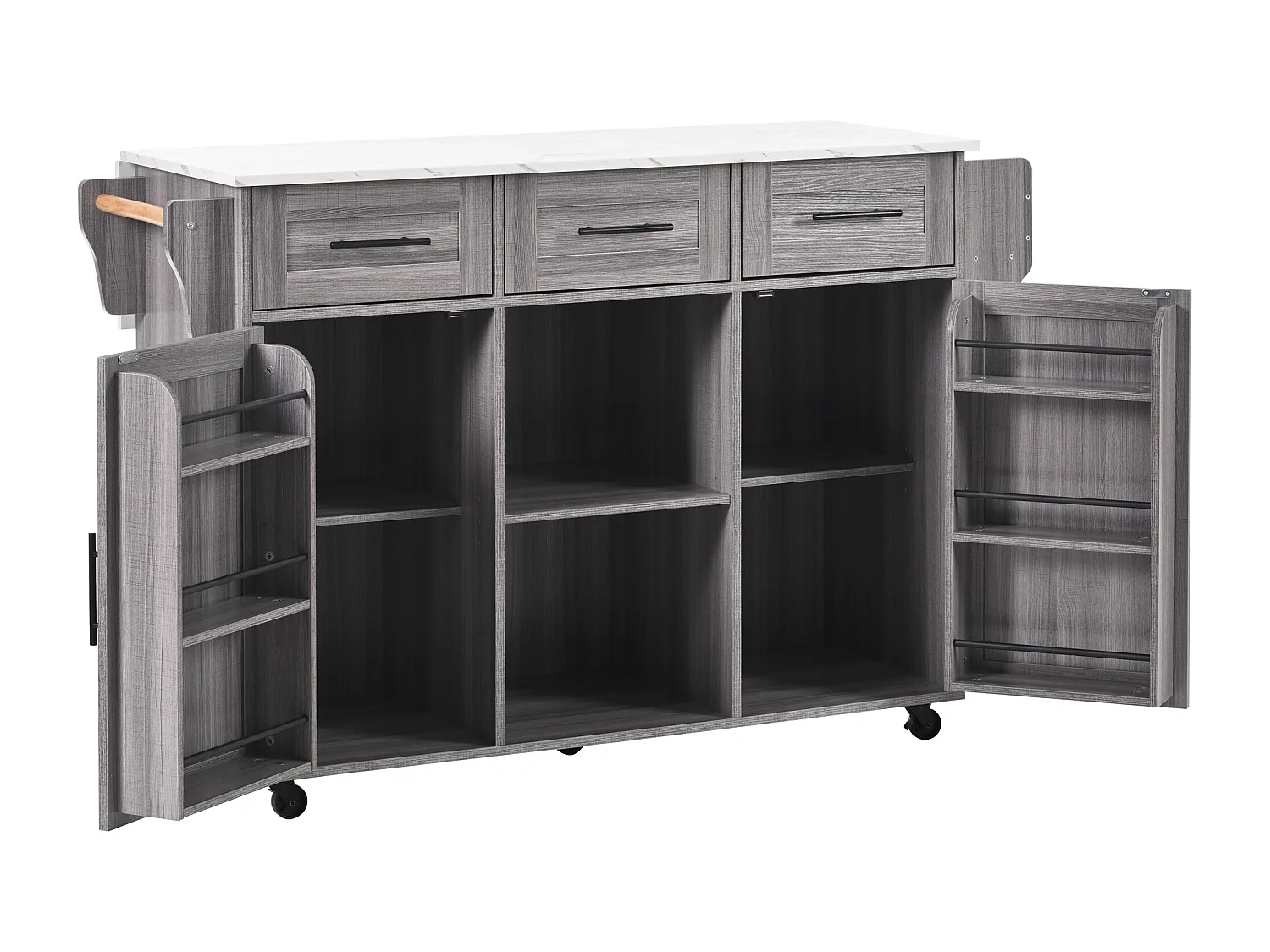 Ilot central de cuisine avec 3 tiroirs et portes de rangement - Plateau extensible - pieds en roulettes ou en bois - Gris