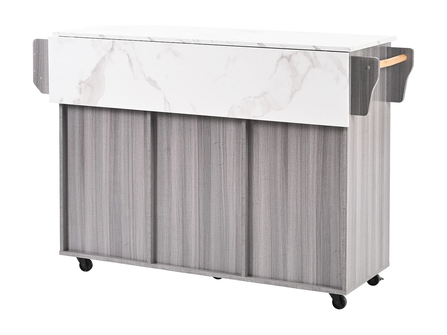 Ilot central de cuisine avec 3 tiroirs et portes de rangement - Plateau extensible - pieds en roulettes ou en bois - Gris