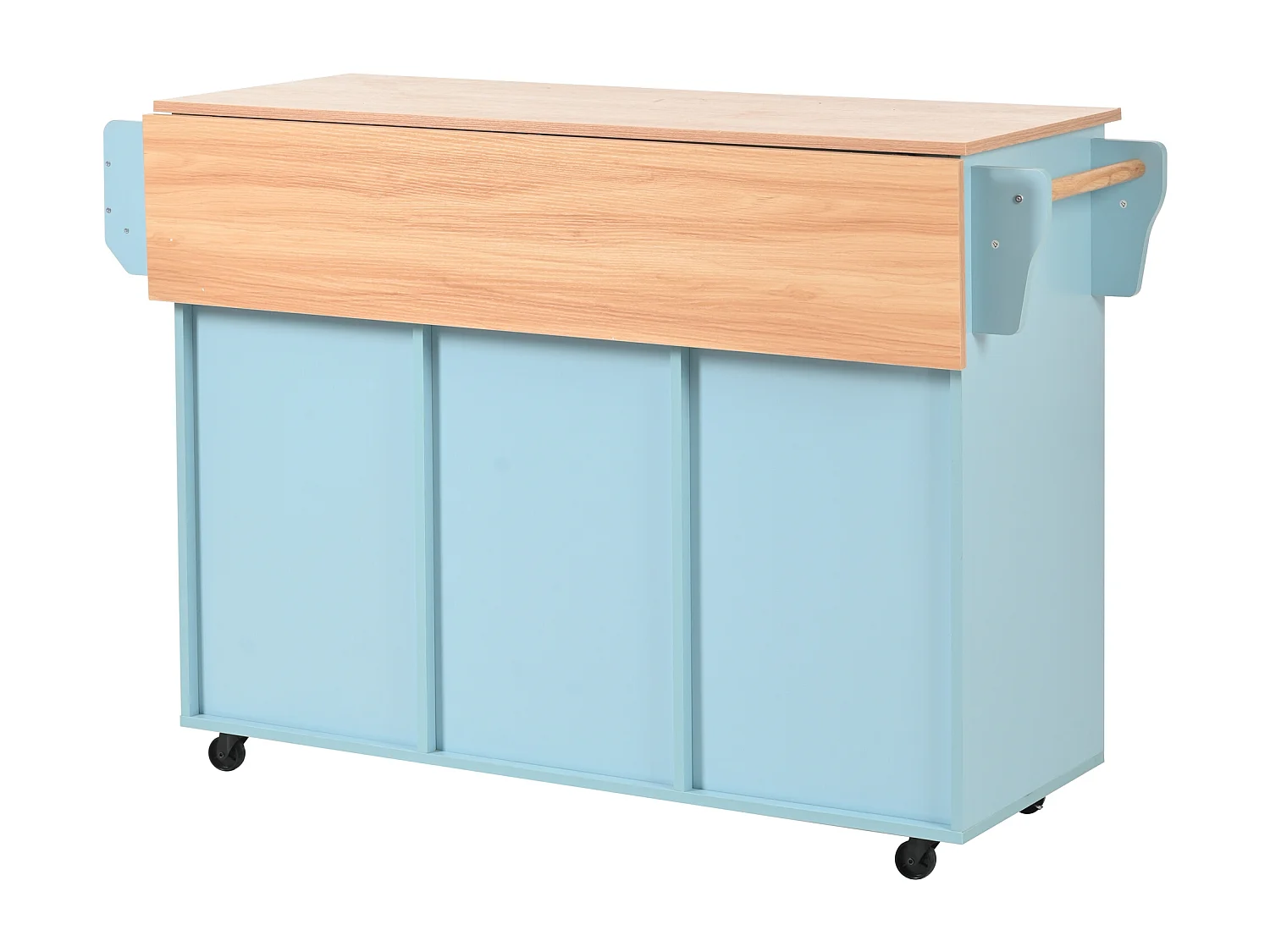 Zentrale Kücheninsel mit 3 Schubladen und Schranktüren - Ausziehbares Tablett - Beine aus Rollen oder aus Holz - Blau