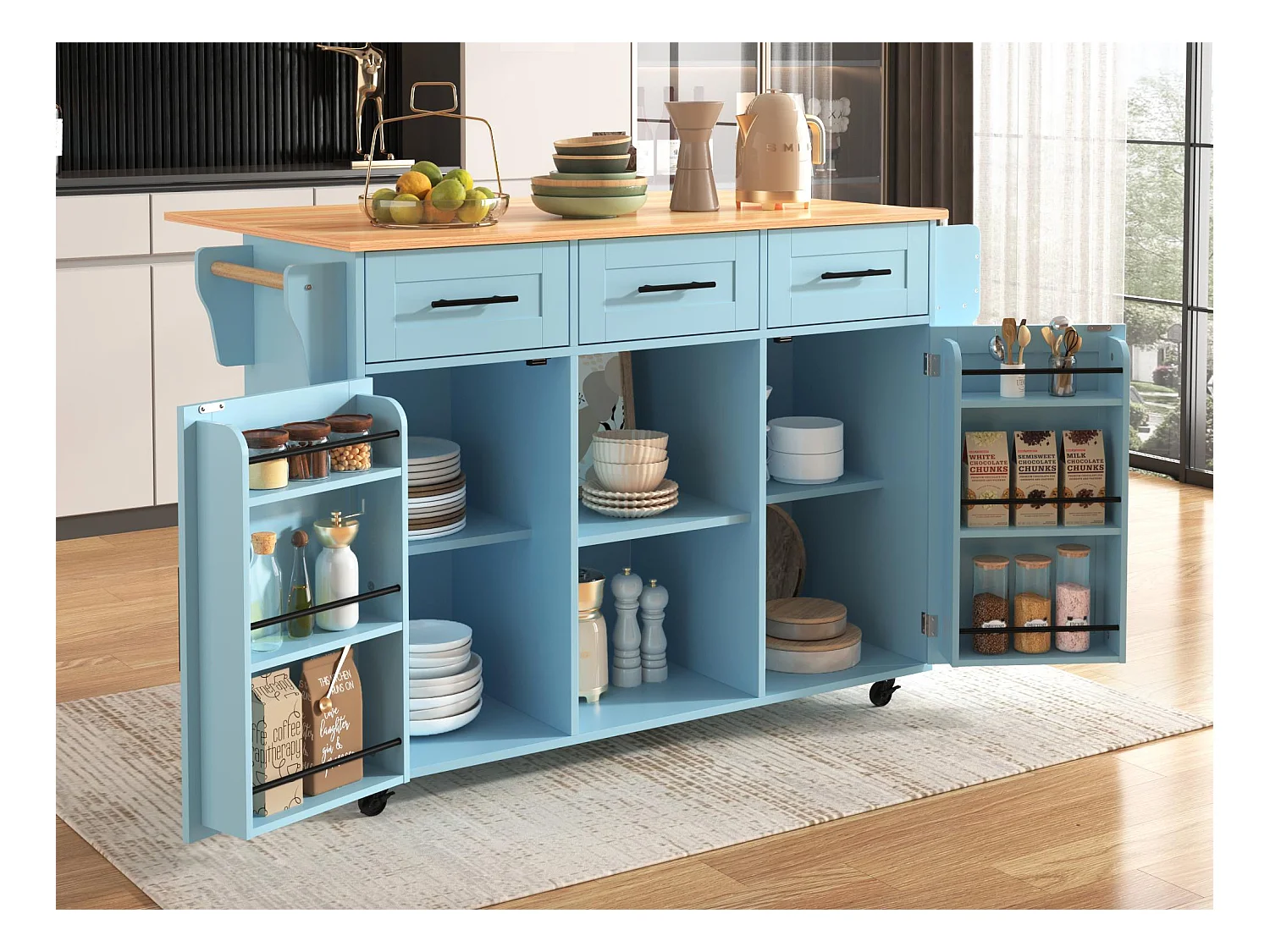 Ilot central de cuisine avec 3 tiroirs et portes de rangement - Plateau extensible - pieds en roulettes ou en bois - Bleu