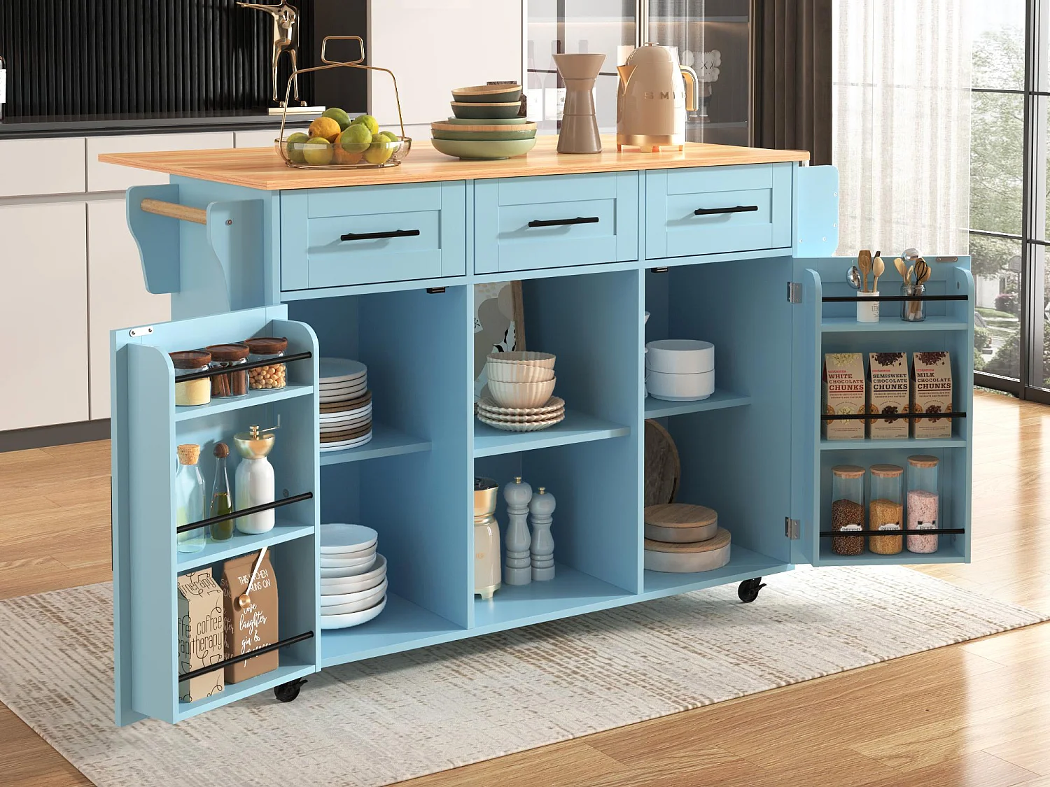 Ilot central de cuisine avec 3 tiroirs et portes de rangement - Plateau extensible - pieds en roulettes ou en bois - Bleu