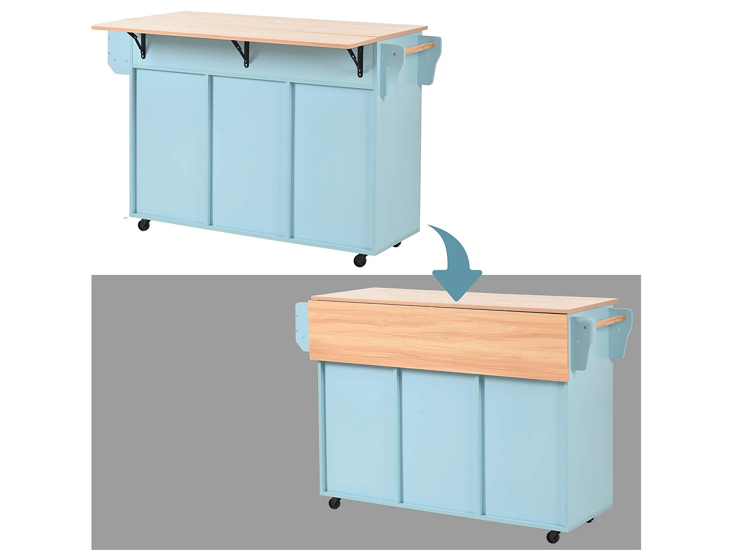 Ilot central de cuisine avec 3 tiroirs et portes de rangement - Plateau extensible - pieds en roulettes ou en bois - Bleu