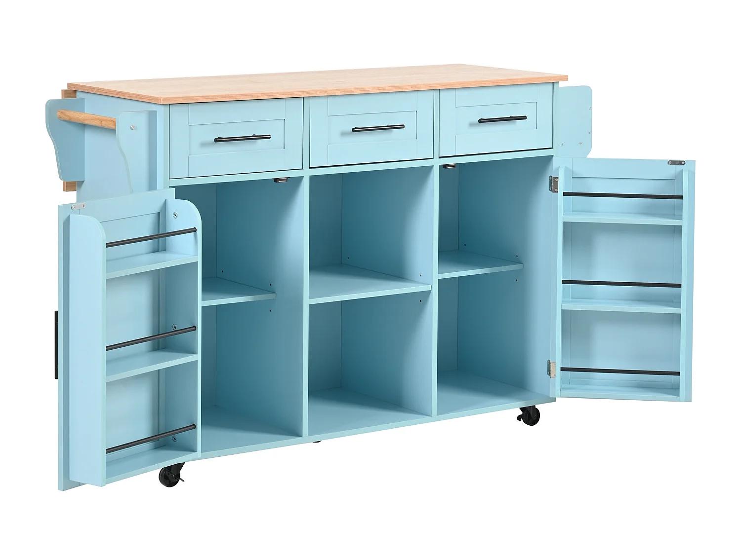 Ilot central de cuisine avec 3 tiroirs et portes de rangement - Plateau extensible - pieds en roulettes ou en bois - Bleu