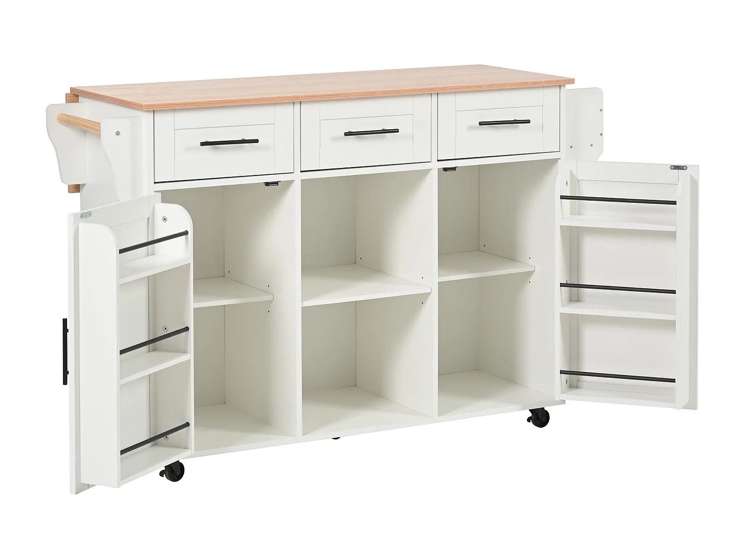 Ilot central de cuisine avec 3 tiroirs et portes de rangement - Plateau extensible - pieds en roulettes ou en bois - Blanc