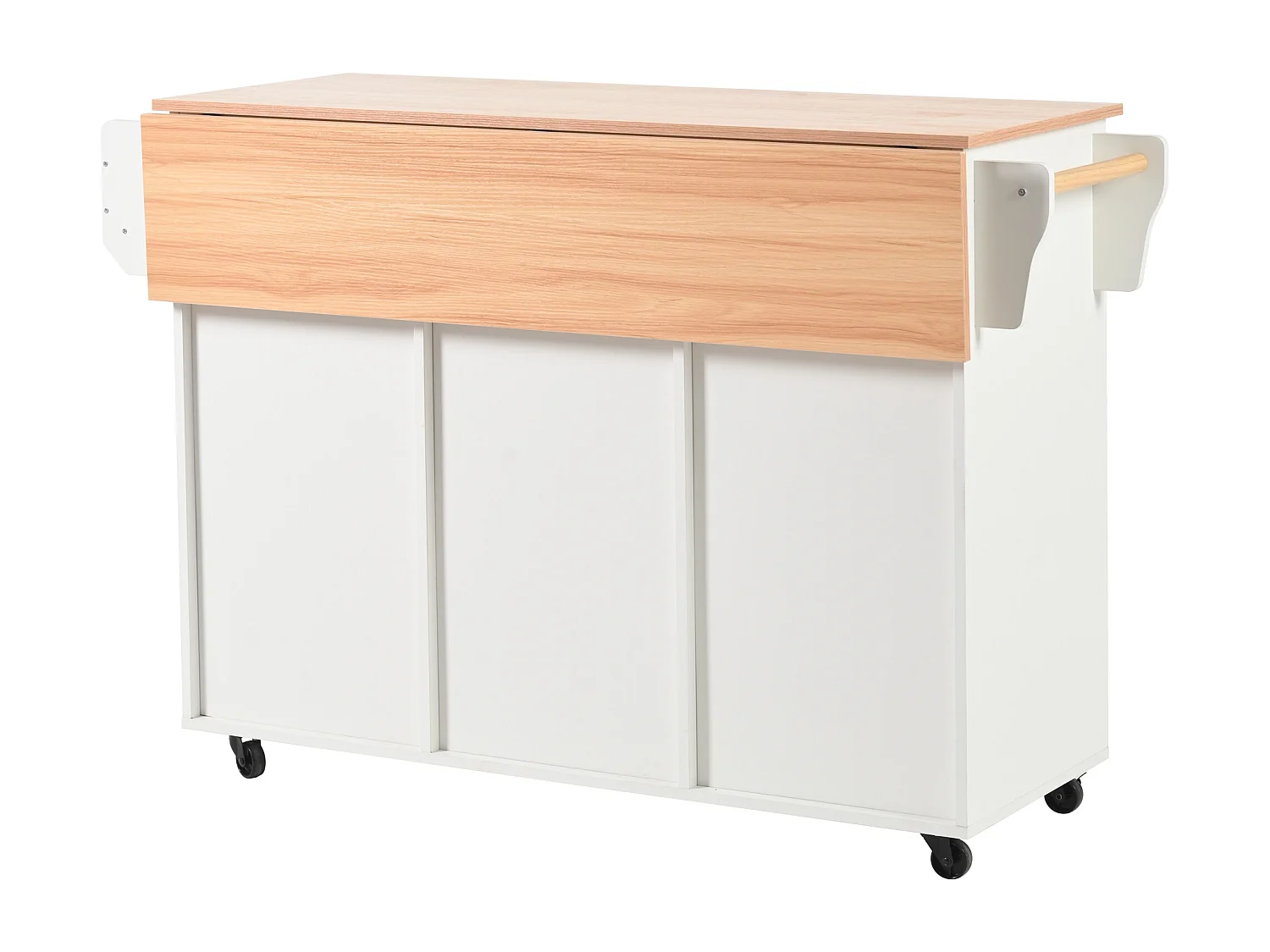 Ilot central de cuisine avec 3 tiroirs et portes de rangement - Plateau extensible - pieds en roulettes ou en bois - Blanc