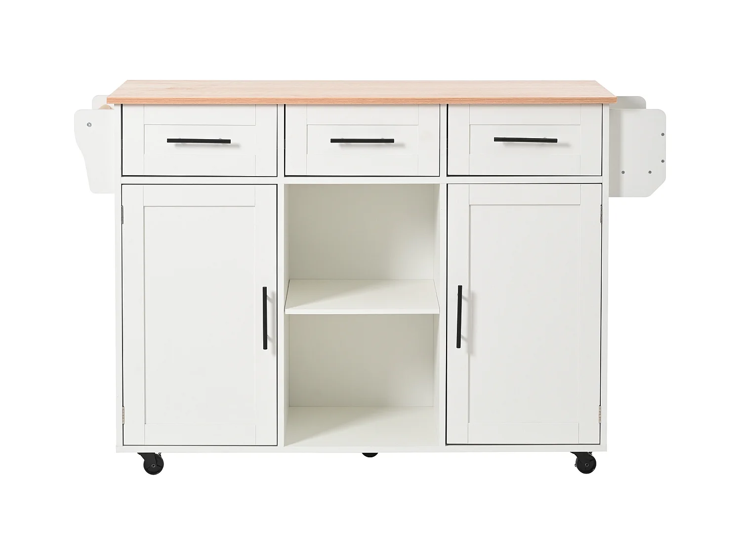 Ilot central de cuisine avec 3 tiroirs et portes de rangement - Plateau extensible - pieds en roulettes ou en bois - Blanc