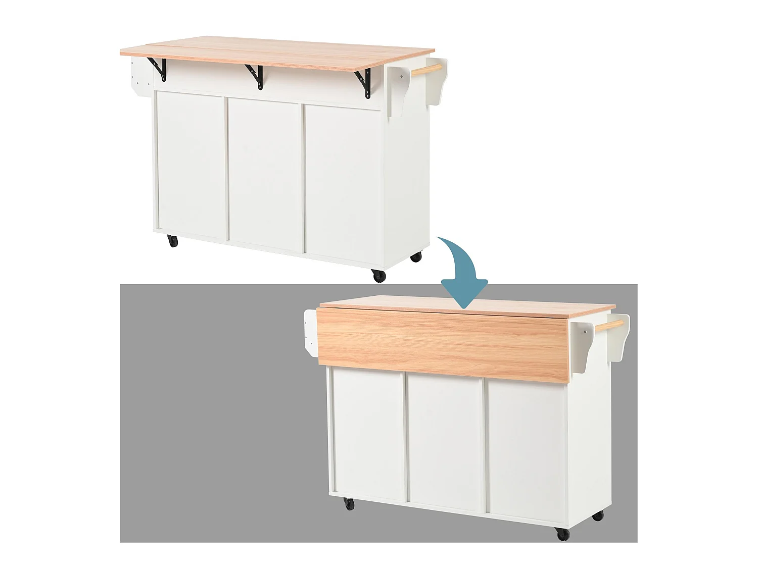 Ilot central de cuisine avec 3 tiroirs et portes de rangement - Plateau extensible - pieds en roulettes ou en bois - Blanc