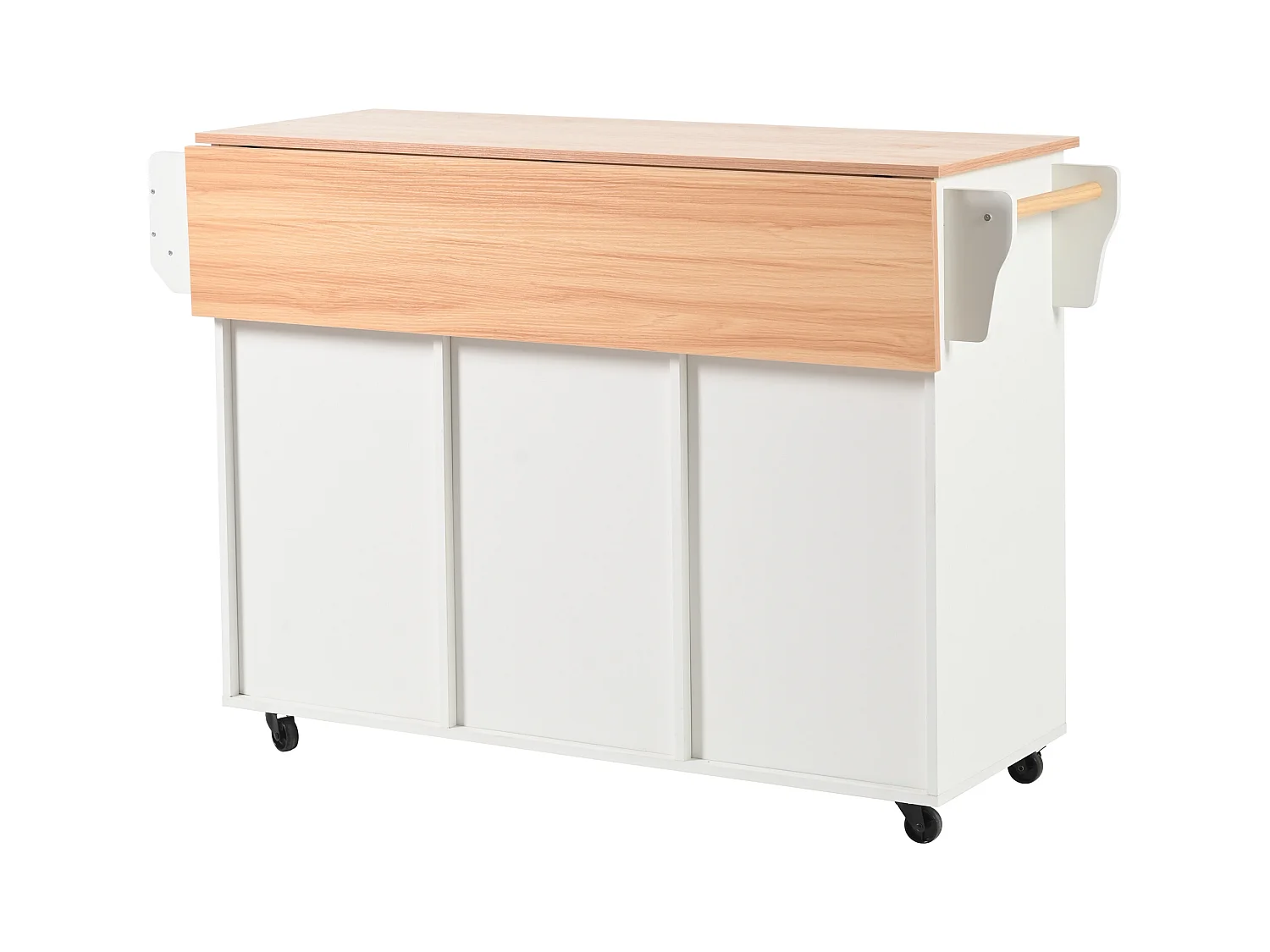 Ilot central de cuisine avec 3 tiroirs et portes de rangement - Plateau extensible - pieds en roulettes ou en bois - Blanc
