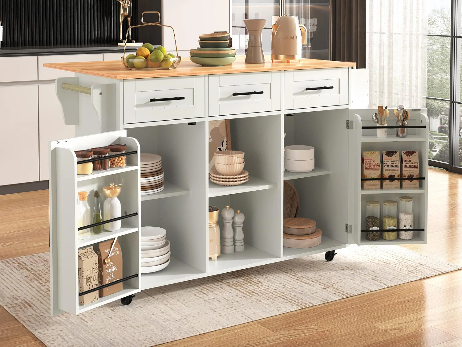 Ilot central de cuisine avec 3 tiroirs et portes de rangement - Plateau extensible - pieds en roulettes ou en bois - Blanc