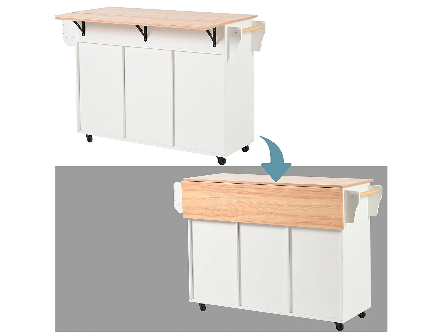 Ilot central de cuisine avec 3 tiroirs et portes de rangement - Plateau extensible - pieds en roulettes ou en bois - Blanc