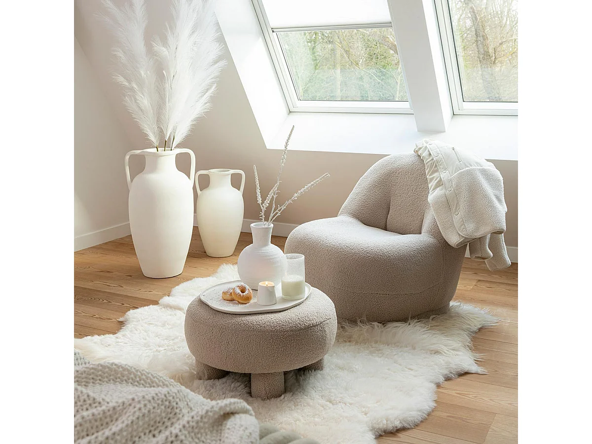 Pouf Rond Bouclette "Teddy" 52cm Beige