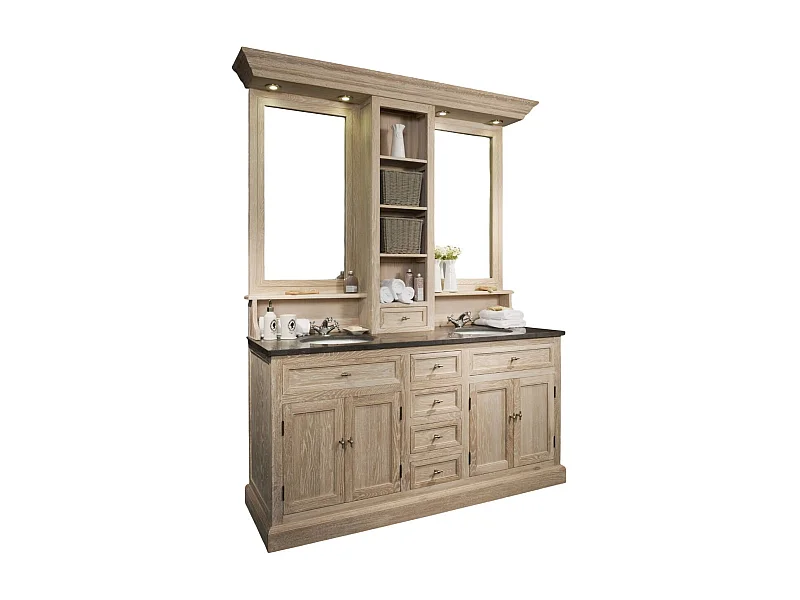 Meuble de salle de bain double vasque en chêne massif et sa crédence - VÉRONE