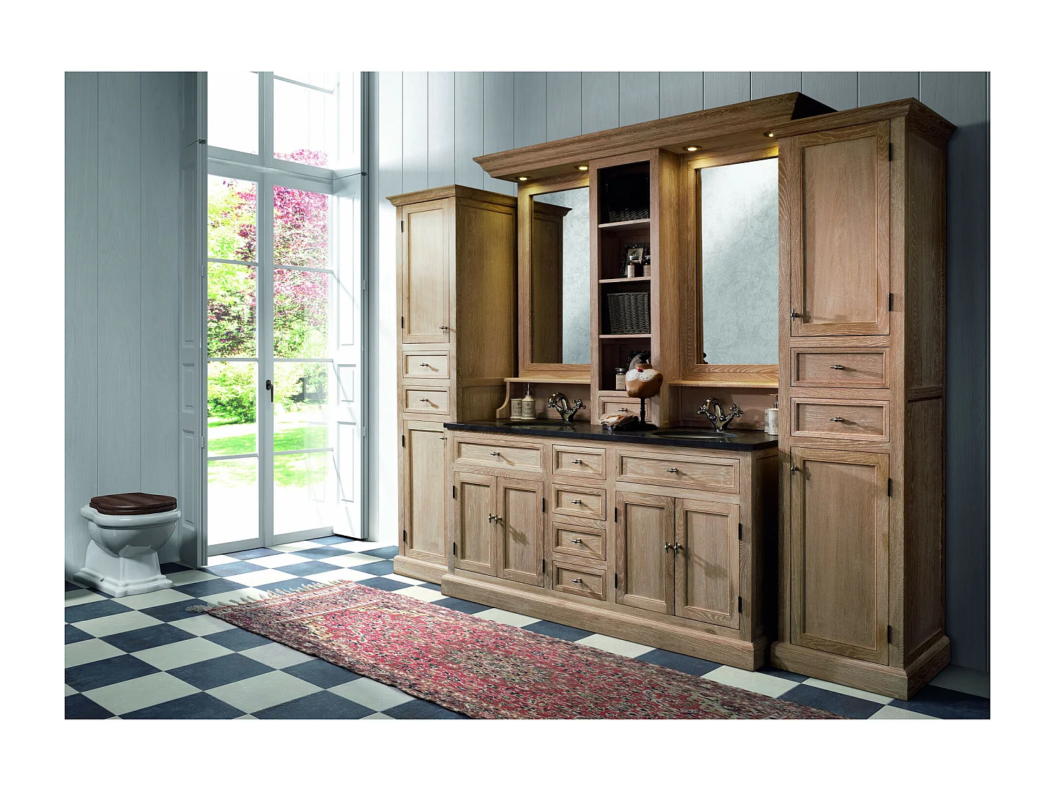 Meuble de salle de bain double vasque en chêne massif et sa crédence - VÉRONE